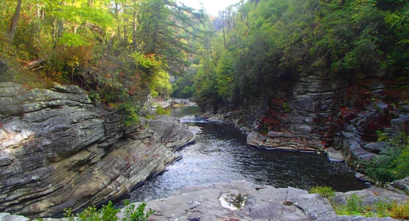 A river flows between rock walls topped with green trees.